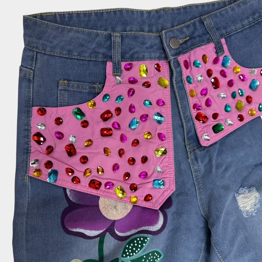 Women Ripped Jeans Straight Cut Boyfriend Size M Rhinestones Multicolor Prints - Picture 7 of 14